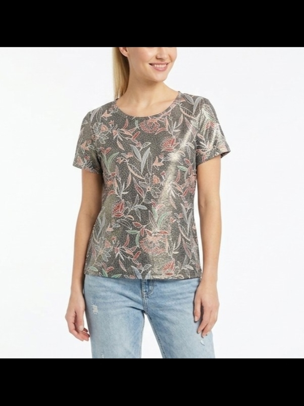 NEW Promod Short-Sleeve Floral Metallic Tee Size S Black Pink Green Feminine